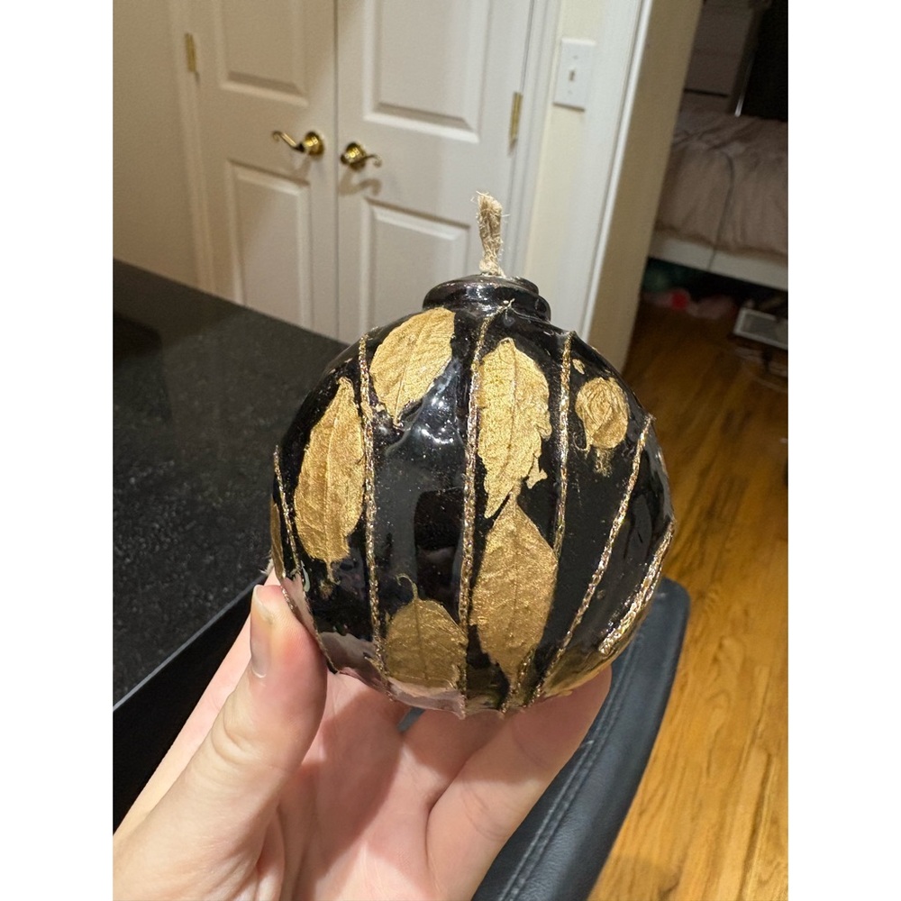 Handmade Black & Gold Leaf Glass Ornament • 3” Artisan Decorative Hanging Accent